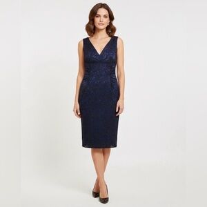 Adrianna Papell Navy Blue Lace Sheath Dress | V-Neck Ruched Sz 10 Wedding